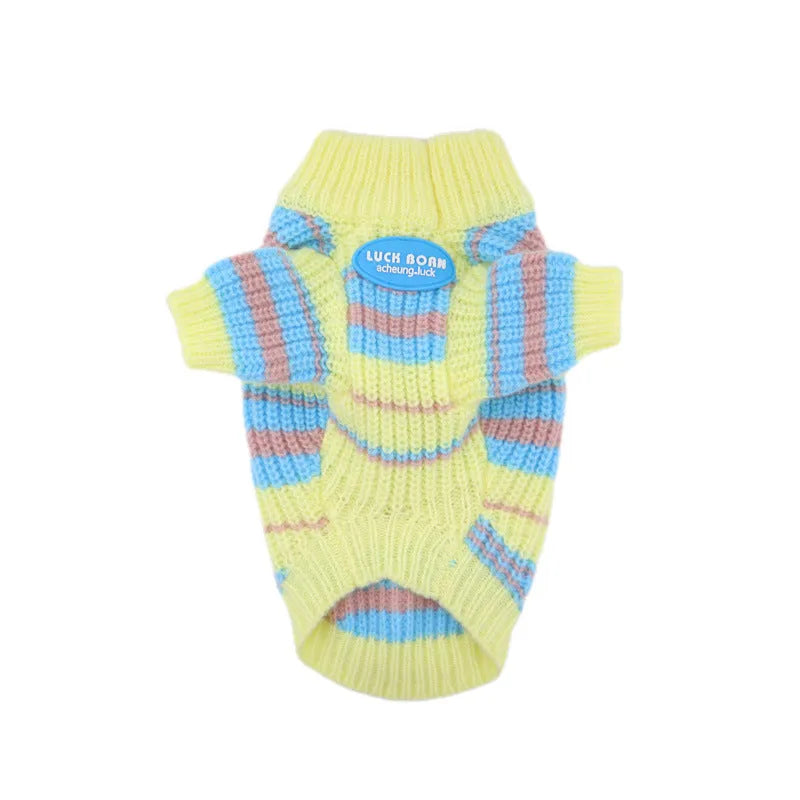 Blue and yellow striped wool dog sweater for small breeds in six sizes