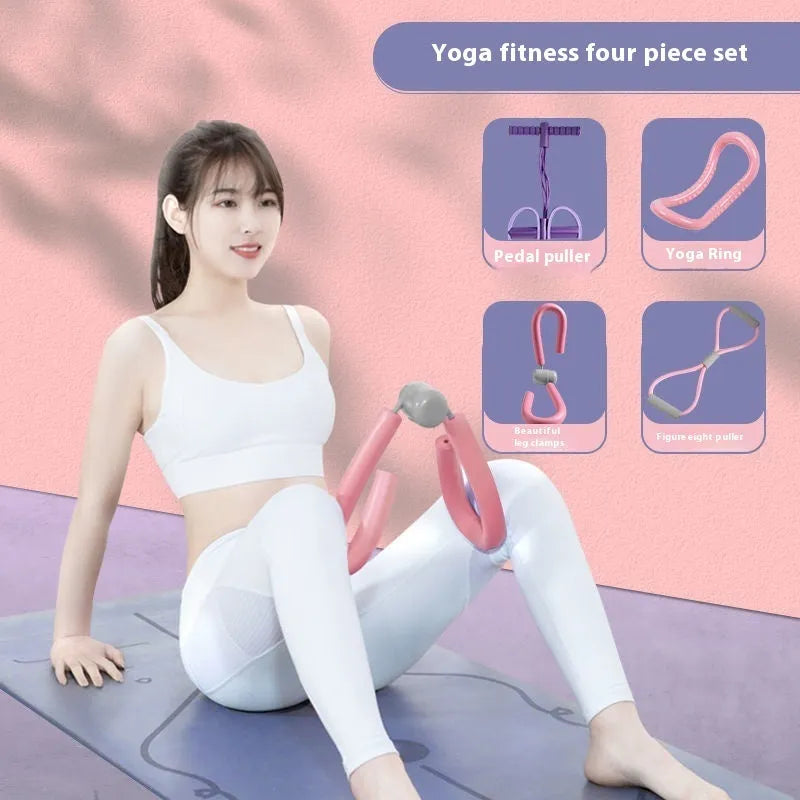 Yoga four-piece fitness set with leg stretching device, yoga ring, pedal tensioner, and figure eight tension rope