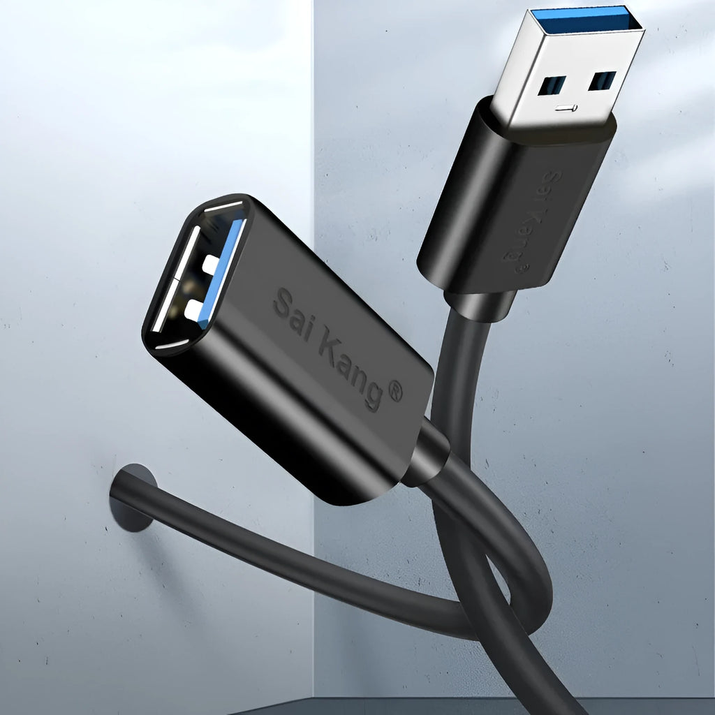 Black USB male to female extension cable showing connector details and available in multiple lengths.