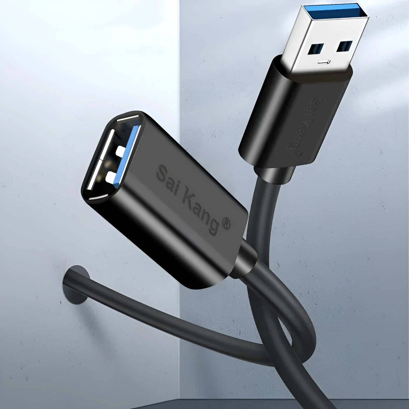 Black USB male to female extension cable showing connector details and available in multiple lengths.