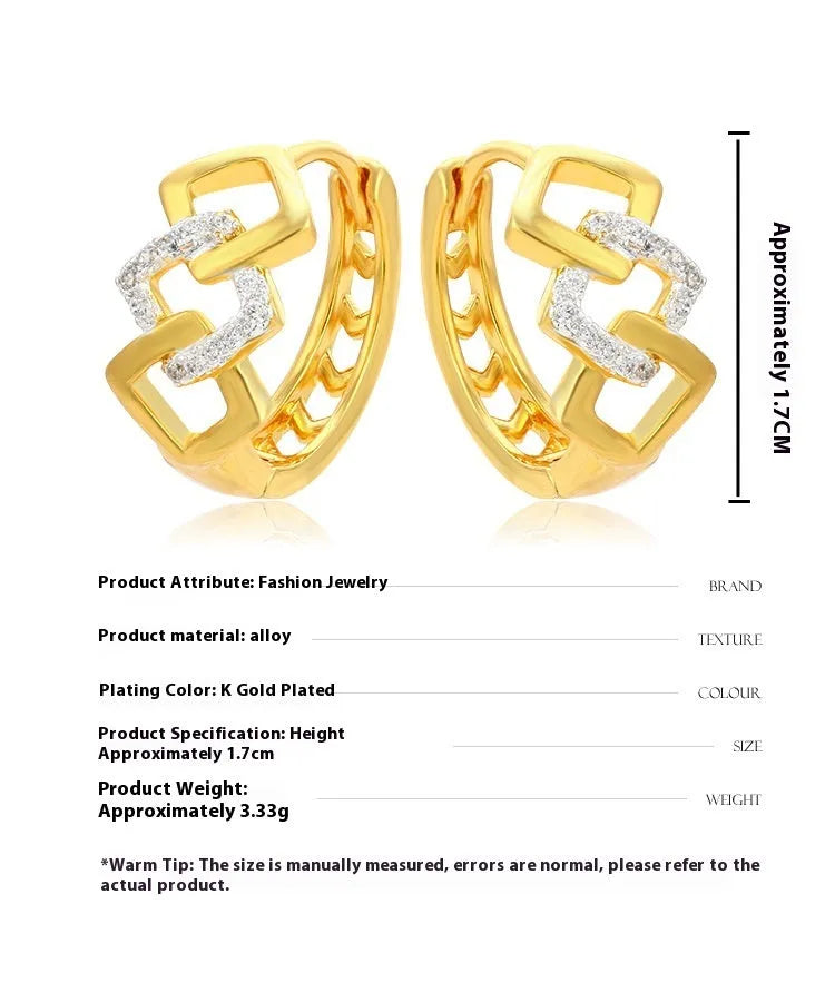 Geometric hollow-out gold alloy earrings with electroplated finish and colour separation detailing