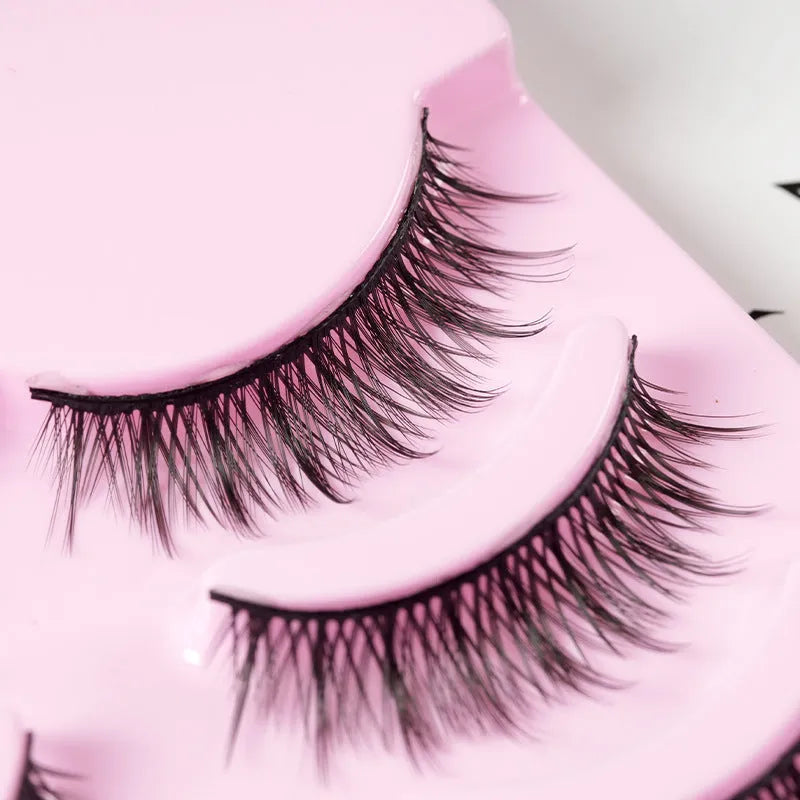 Pack of anime-style false eyelashes showing three wispy, natural slim length designs for cosplay and Korean makeup.