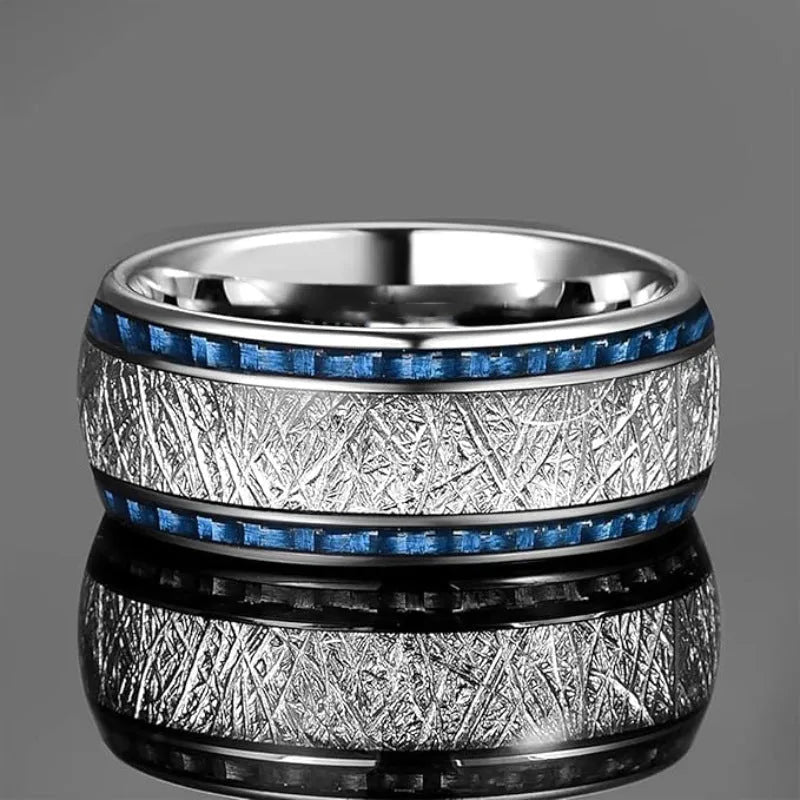 Blue carbon fiber inlaid stainless steel wedding ring, blue and silver finish, double-groove style, unisex sizes No 6 to No 13