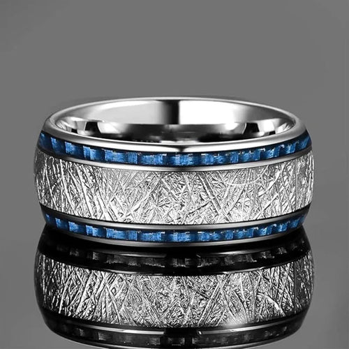 Blue carbon fiber inlaid stainless steel wedding ring, blue and silver finish, double-groove style, unisex sizes No 6 to No 13