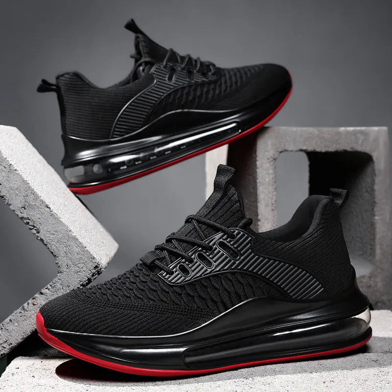 Men's black low-top mesh running shoes with white rubber sole and lace-up front.