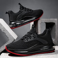 Men's black low-top mesh running shoes with white rubber sole and lace-up front.