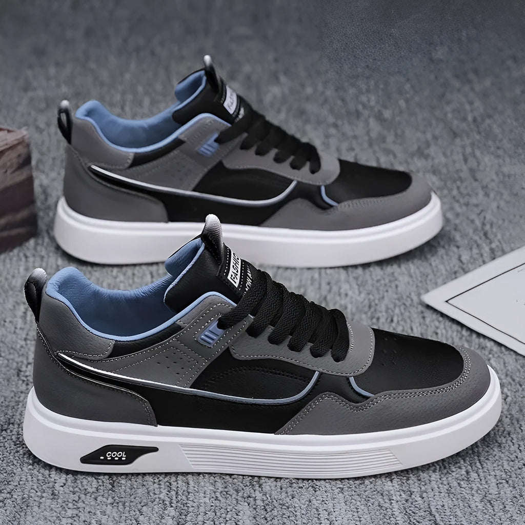 Men's low-top canvas board shoes in beige with leather stitching and a mesh lining.