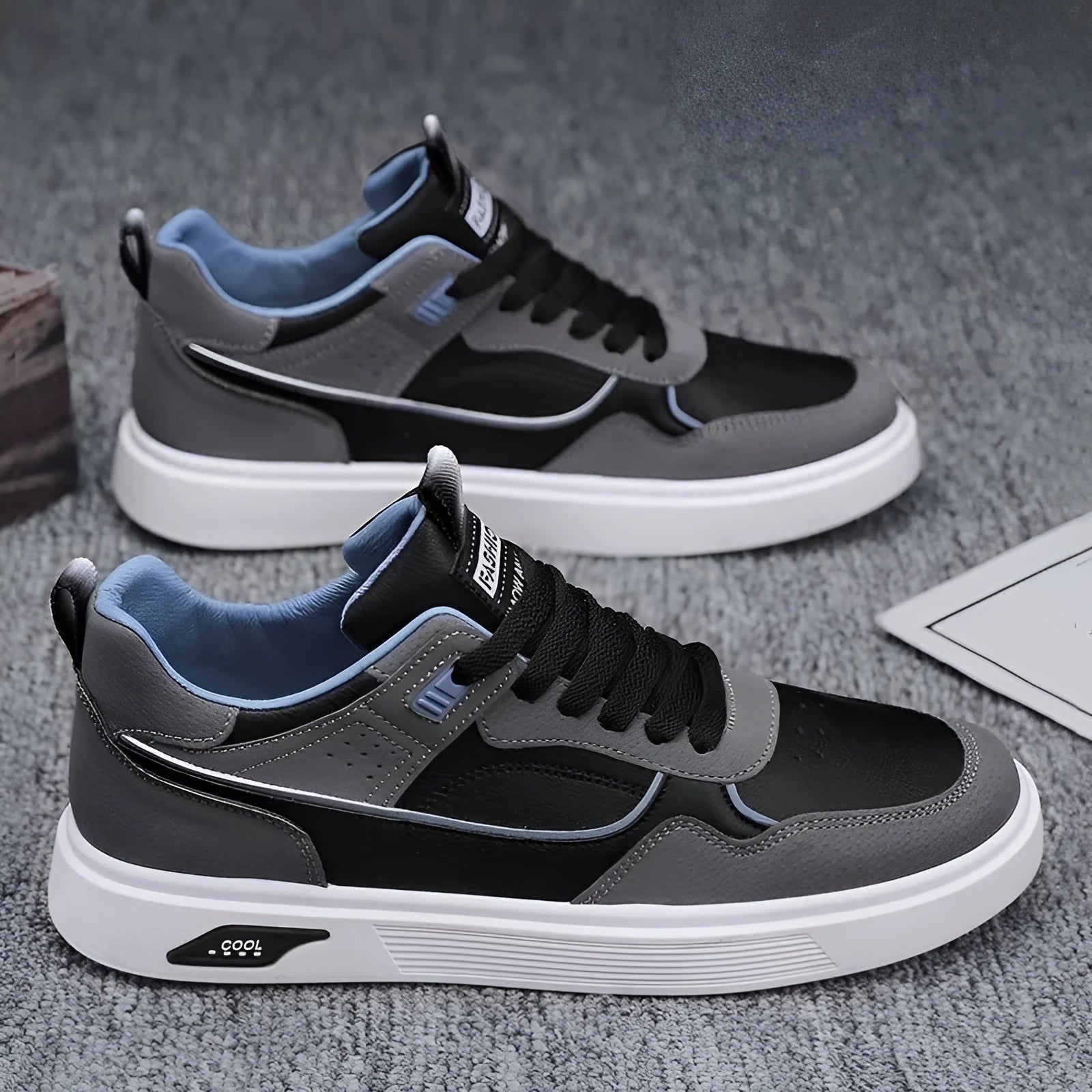 Men's low-top canvas board shoes in beige with leather stitching and a mesh lining.
