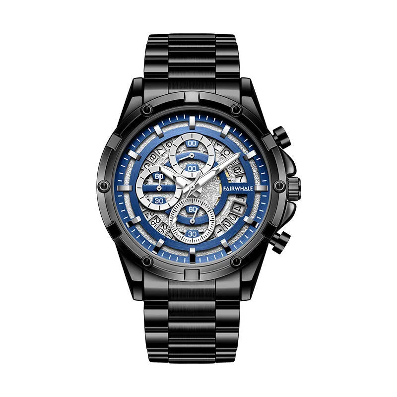 Men's waterproof luminous quartz watch with steel strap in black and blue colour variant