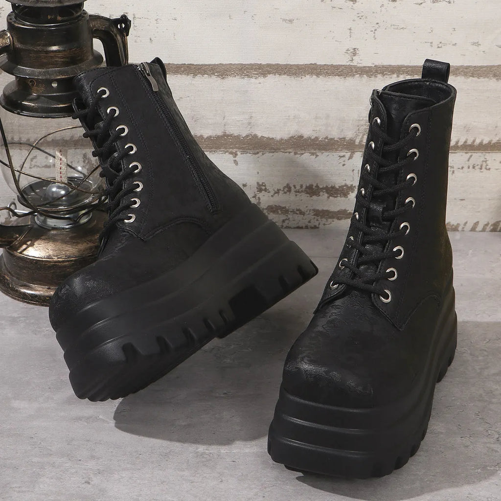 Women's black patchwork Martin boots with side zipper and chunky platform heel