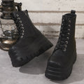 Women's black patchwork Martin boots with side zipper and chunky platform heel