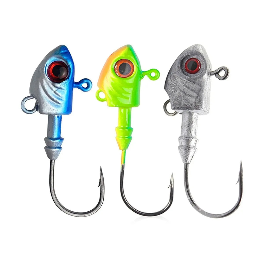 Yayu shaped lead head fishing hook in blue, silver, and yellow colours showing different weight sizes