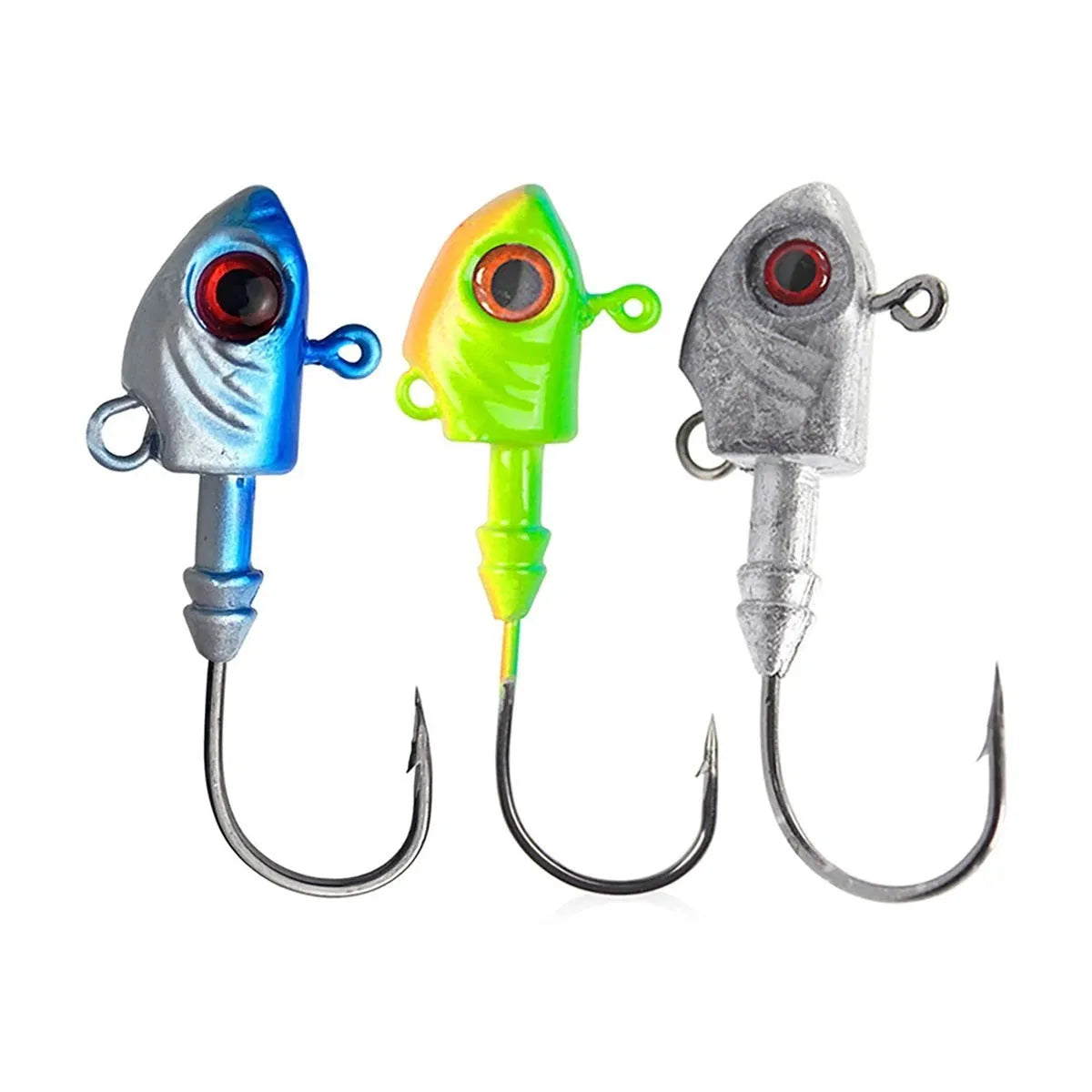 Yayu shaped lead head fishing hook in blue, silver, and yellow colours showing different weight sizes