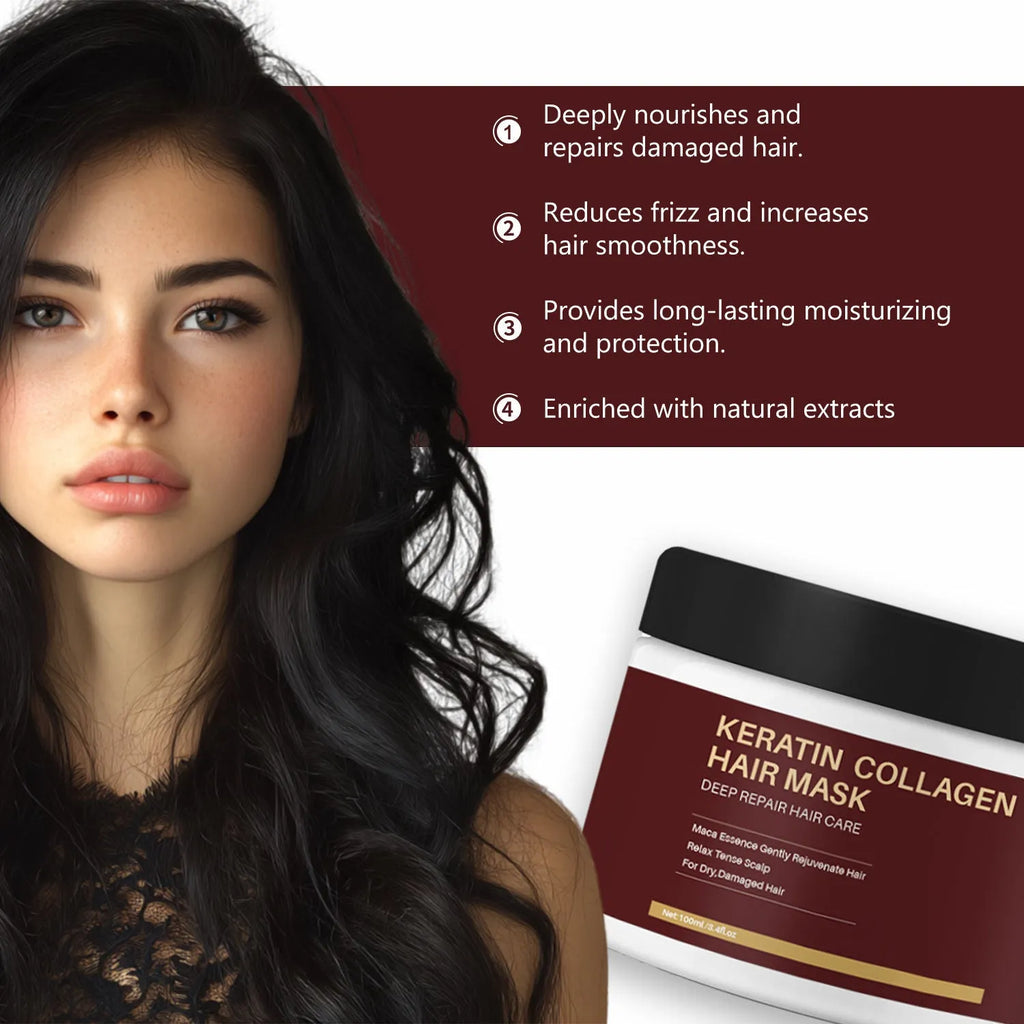 100ml bottle of collagen hair mask for moisturising and repairing dry, damaged hair.