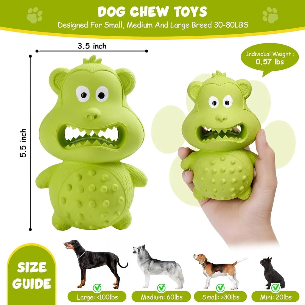 Green and yellow natural rubber squeaky dog toy for aggressive chewers on a white background