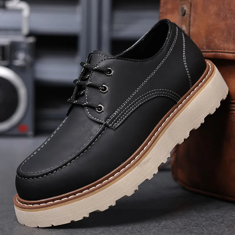 Men's black retro Martin low-top boots with round toe and rubber sole