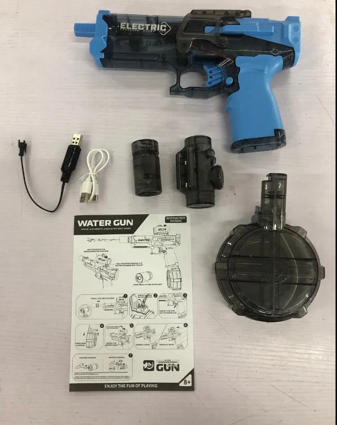 Electric water pistol toy with blue LED lights and automatic water spray function