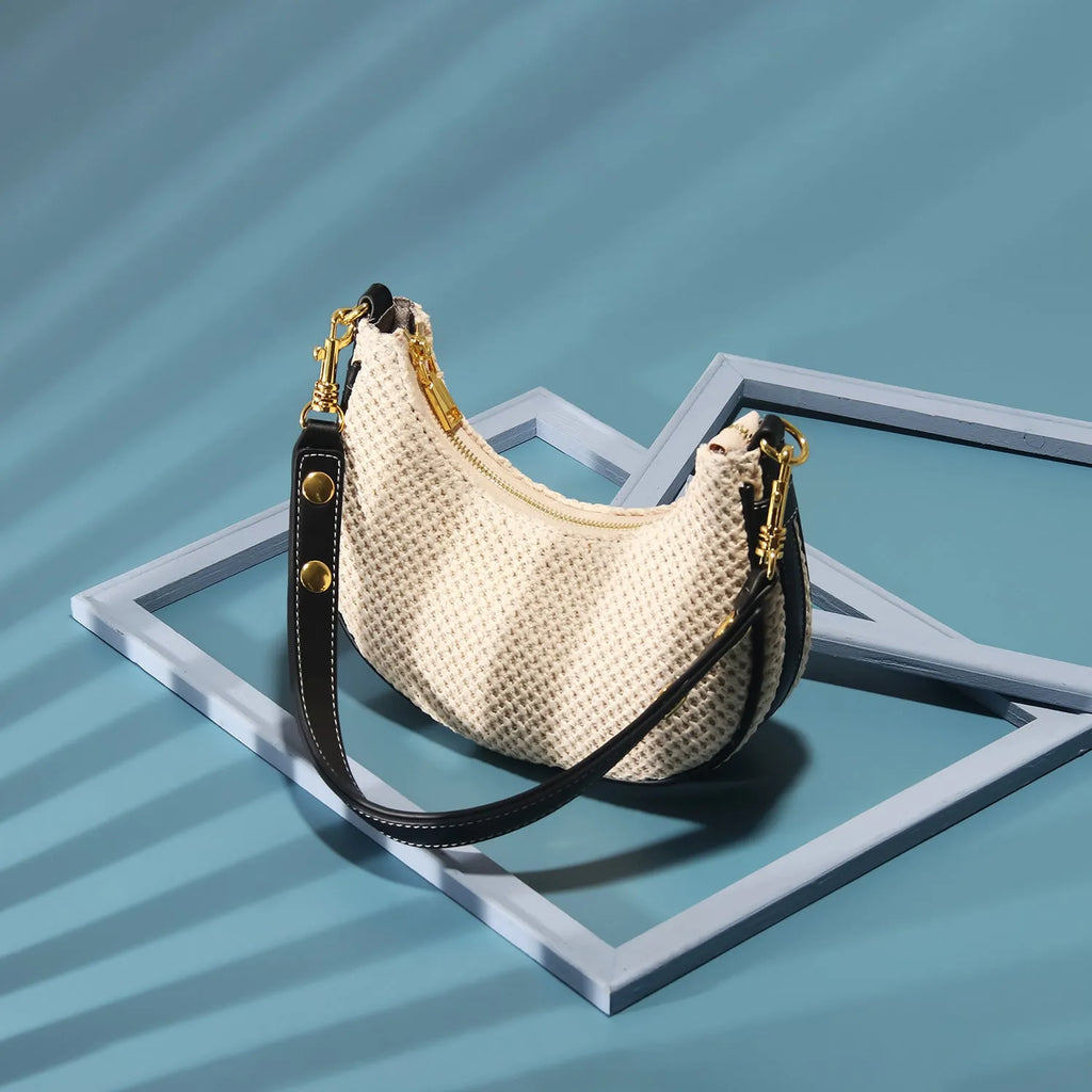 Straw all-match shoulder underarm bag women's niche messenger bag PU brown colour horizontal square shape sewing thread detail