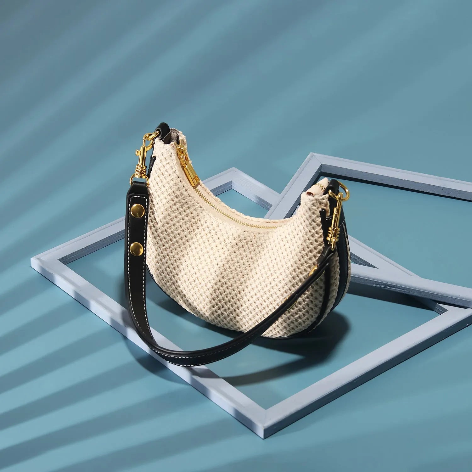 Straw all-match shoulder underarm bag women's niche messenger bag PU brown colour horizontal square shape sewing thread detail
