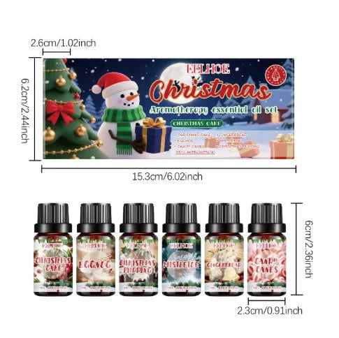 Christmas aromatherapy oil set showing six 60ml bottles for holiday home fragrance