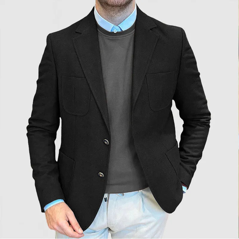 Men's casual cotton suit jacket in a loose fit retro style, shown in Army Green colour.