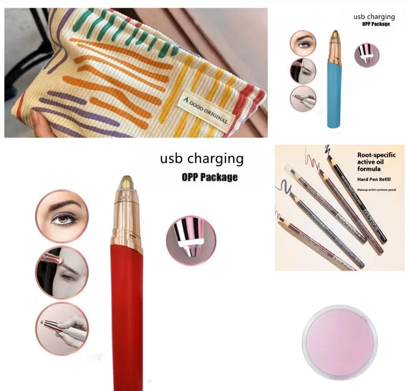 Eyebrow epilator pen with gold plated head and LED light on pink background
