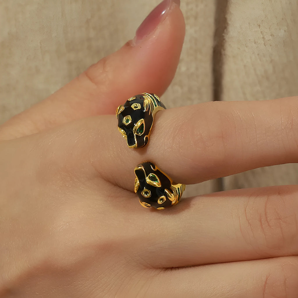 Black cheetah pattern geometric open copper ring for women size no. 7