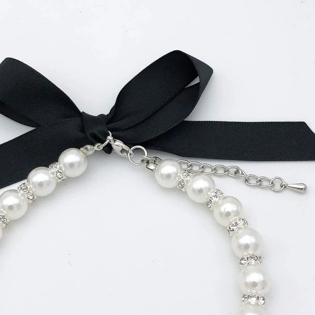 Small dog wearing a blue pearl and rhinestone necklace with a ribbon bow.