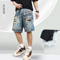 Men's blue ripped denim jeans shorts with graffiti print and straight leg design
