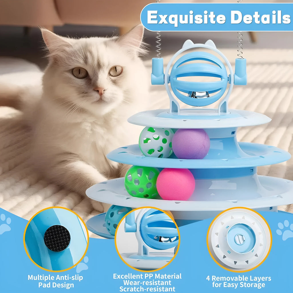 Interactive four-tier carousel cat toy with colourful balls and teasing rods on a non-slip base.