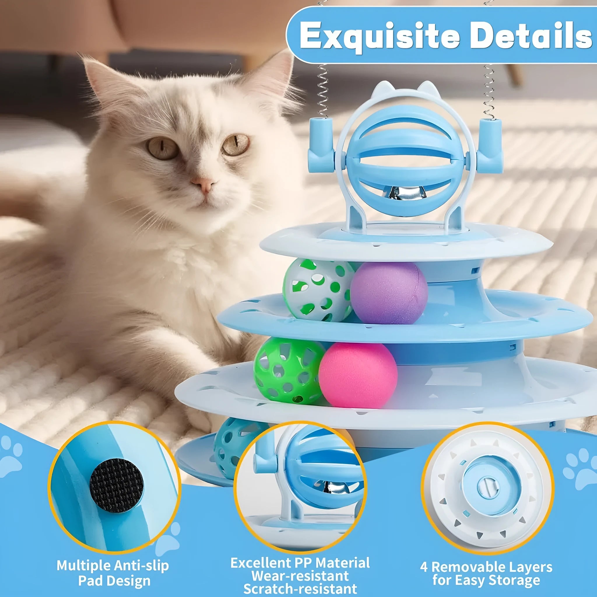 Interactive four-tier carousel cat toy with colourful balls and teasing rods on a non-slip base.