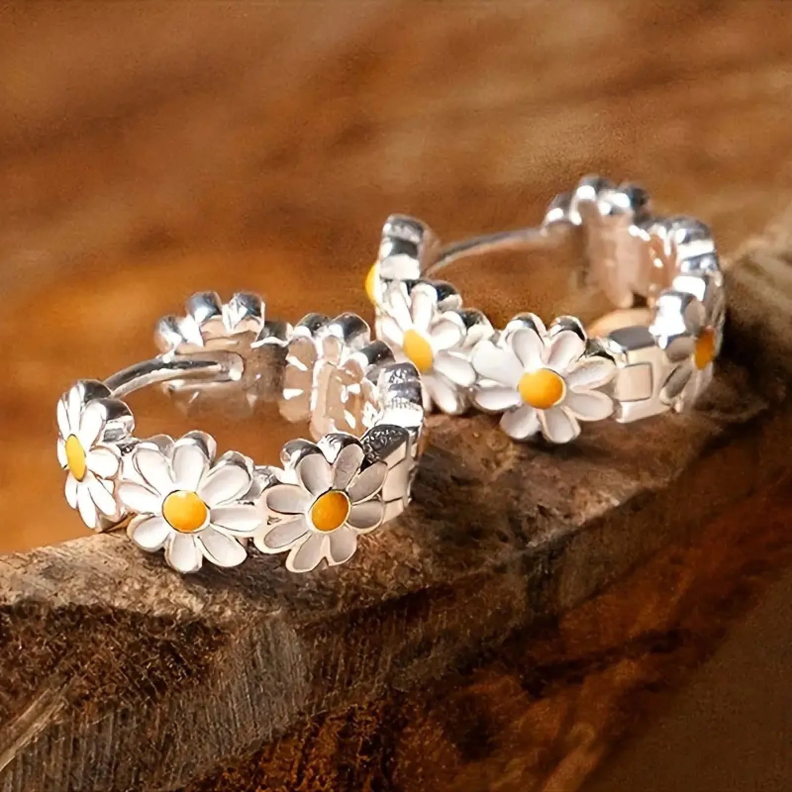 White daisy flower ring drop earrings with electroplated copper construction and platinum inlaid gem detailing