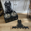 Custom dog bowl holder with stainless steel bowl and iron dog head base, personalised with pet name