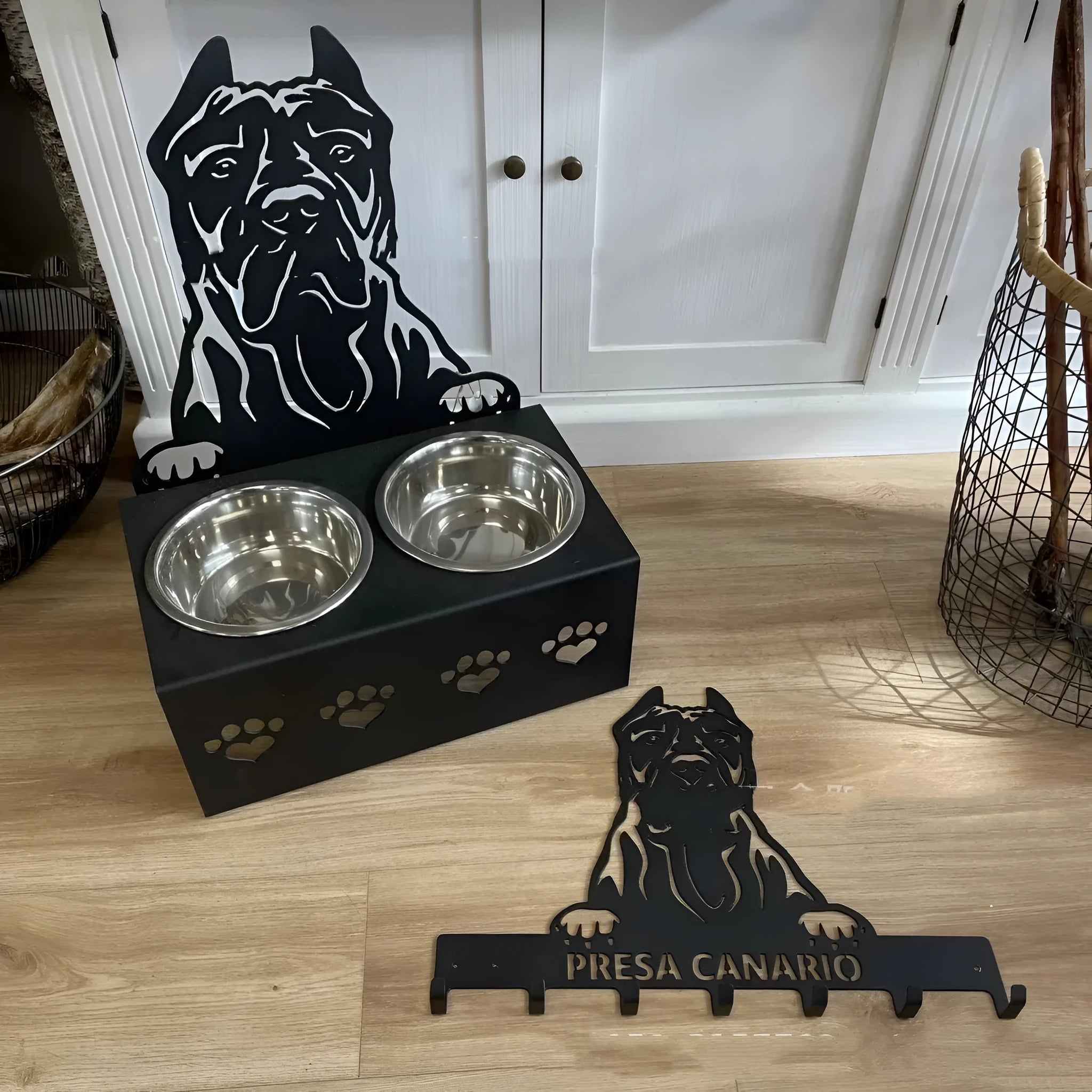 Custom dog bowl holder with stainless steel bowl and iron dog head base, personalised with pet name