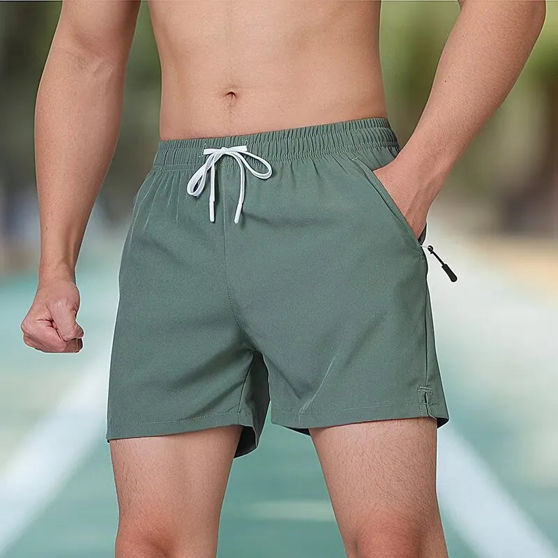 Men's black high-waist polyester running shorts with drawstring waist for fitness training