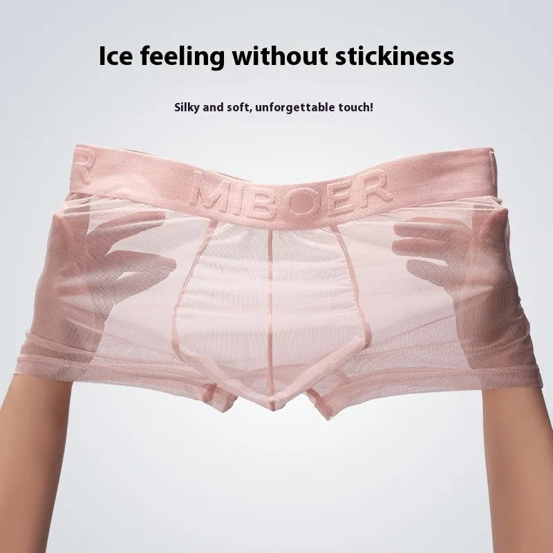 Men's thin polyester boxer shorts in multiple colours on a size chart showing Asian sizing.
