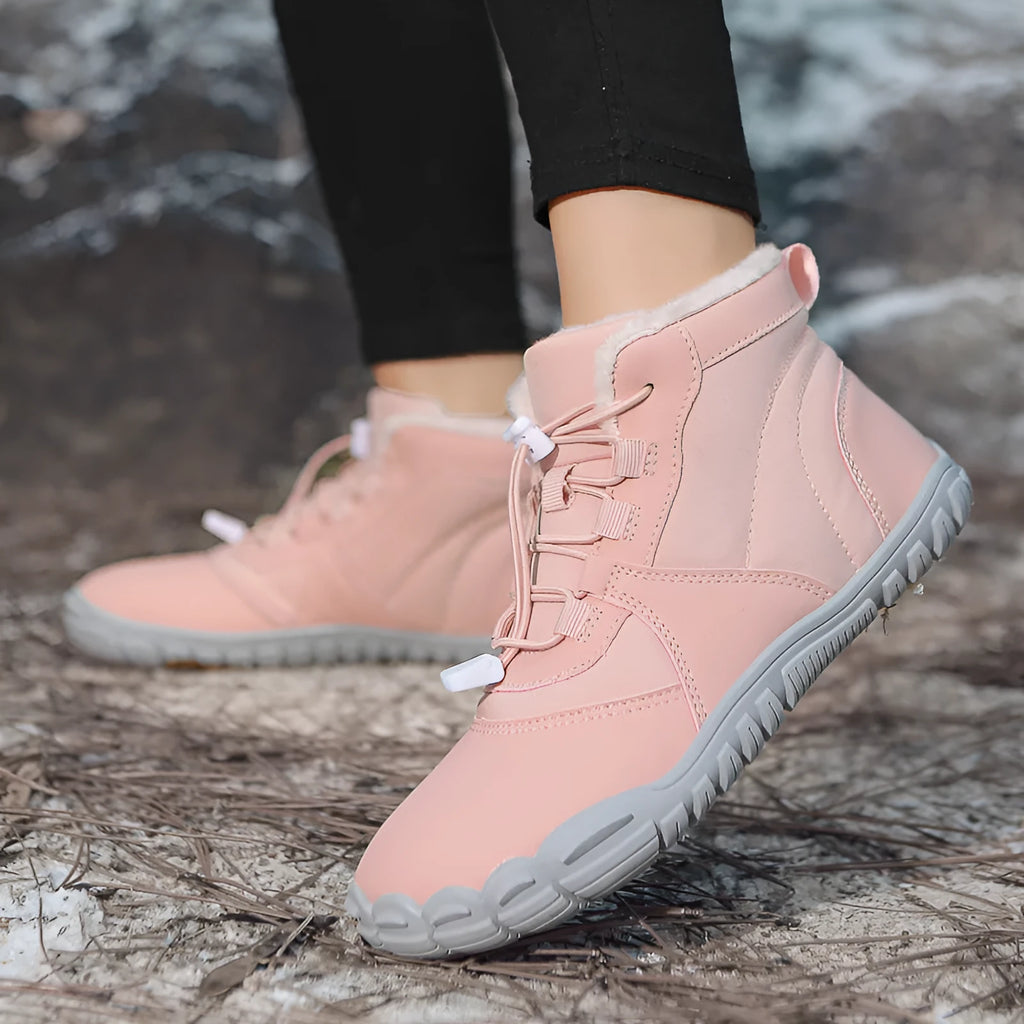 Waterproof fleece-lined snow boots with lace-up front and rubber soles in black, pink, or khaki