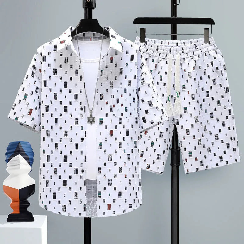 Men's grey casual polyester short sleeve top and matching shorts laid flat.
