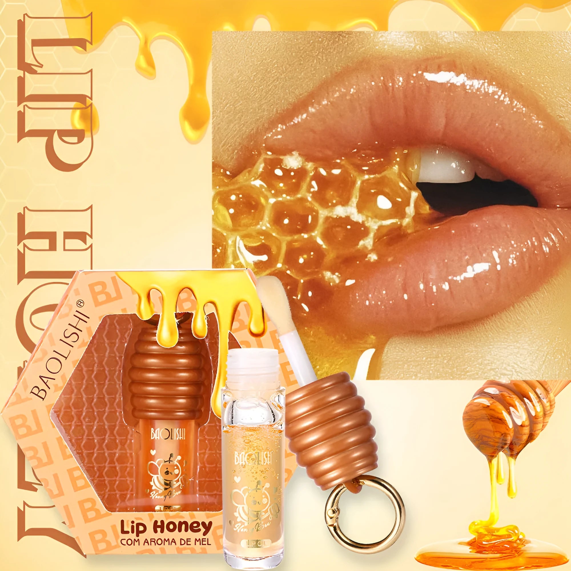 Honey lip gloss attached to keychain showing portable design