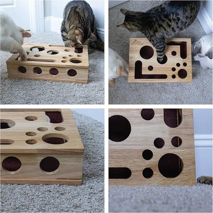 Solid wood square maze cat toy on wooden table natural colour