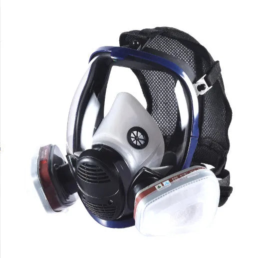 Spherical silicone gas mask with trapezoidal canister and blue edge detailing
