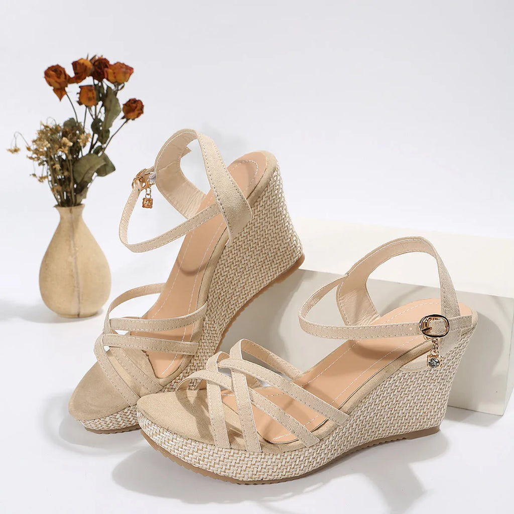 Women's wedge sandals with fish mouth toe design in black and milky white colours