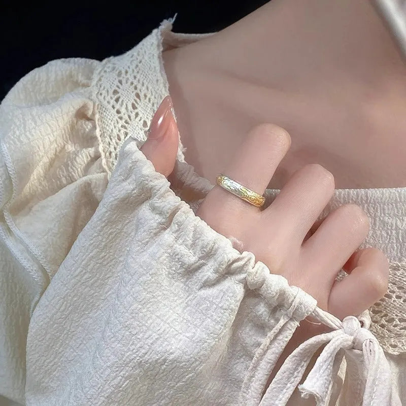 White copper adjustable ring with geometric Xiangyun pattern in silver gold electroplated finish