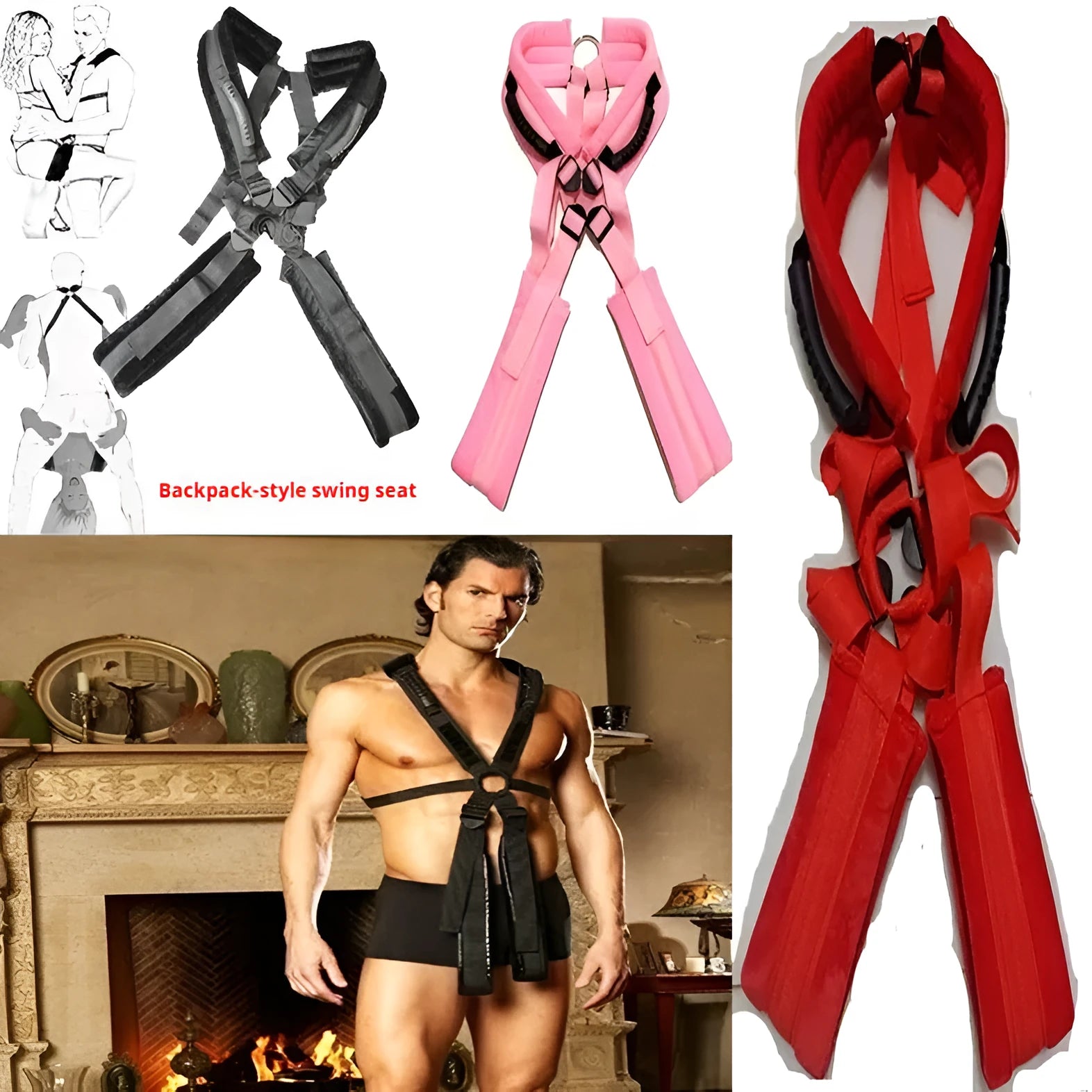 Nylon couple binding backpack swing in black for intimate play with adjustable shoulder straps