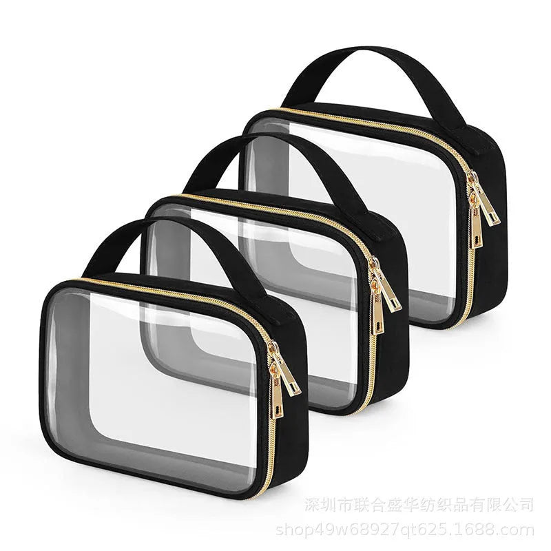 Transparent PVC wash bag with carrying chain for lipstick storage in multiple colour options