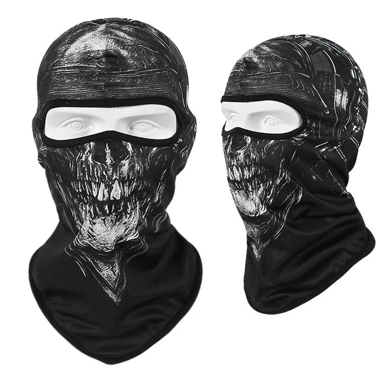 Bakool silk motorcycle skull mask in a skeleton design, sized 36cm by 29cm