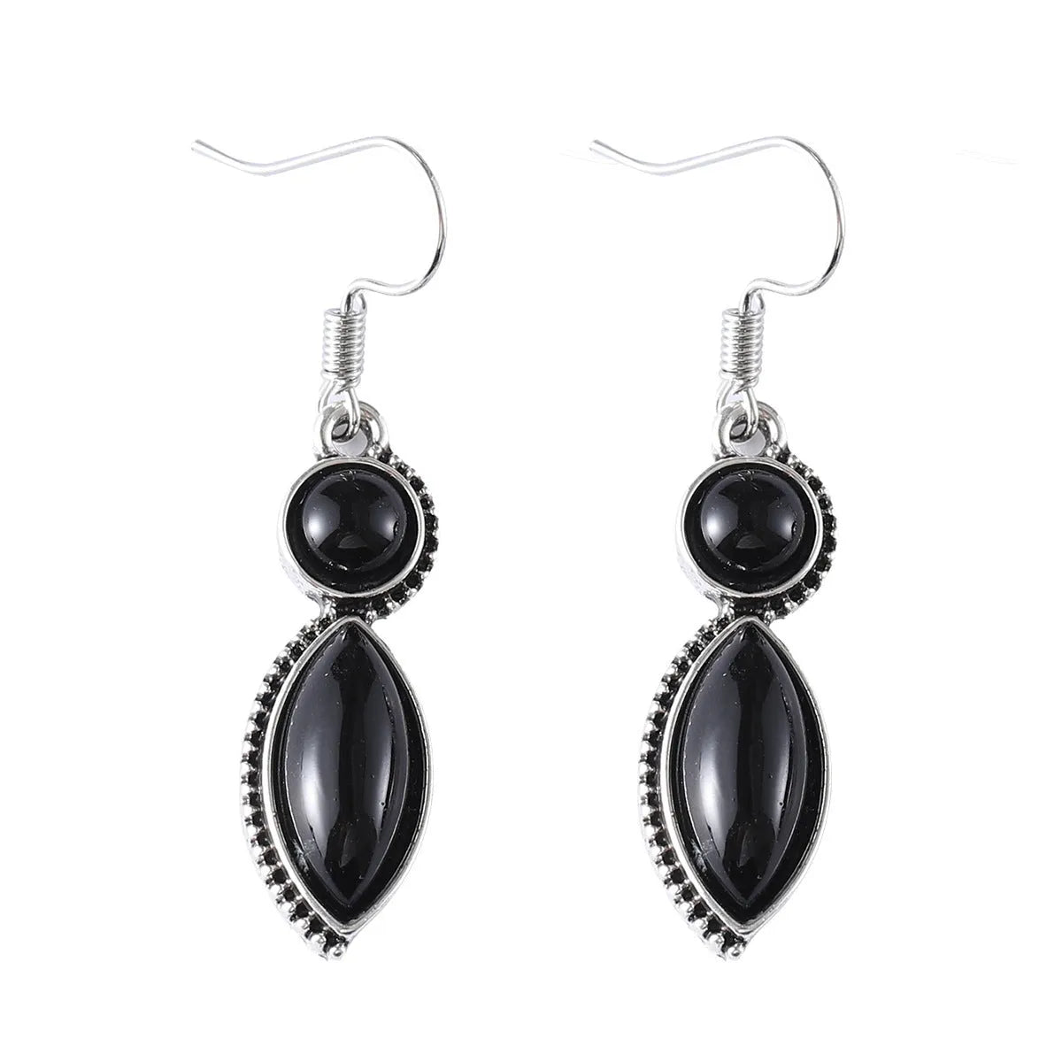 A pair of geometric vintage earrings with a black and purple electroplated finish, showing a pendant design with round elements.