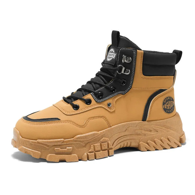 Men's black and yellow Martin boots with artificial PU upper and mid-calf length