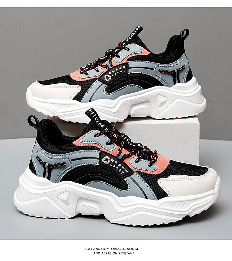 White women's casual mesh sports shoes with a buckle and round toe on a thick PU sole.