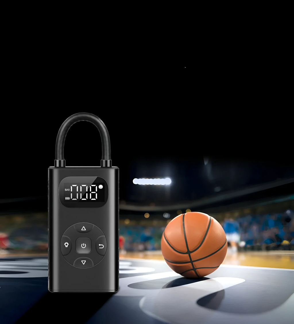 Black M09X digital portable tyre inflator with display, USB port, and 16 cm tube on a grey background.